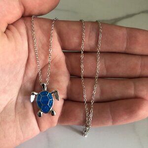 Blue Turtle Pendant Necklace On Silver Chain